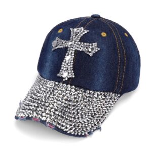 Song Qing Jean Snapback Hat Women Men Bling Cross Rhinestones Denim Baseball Cap Dark Blue