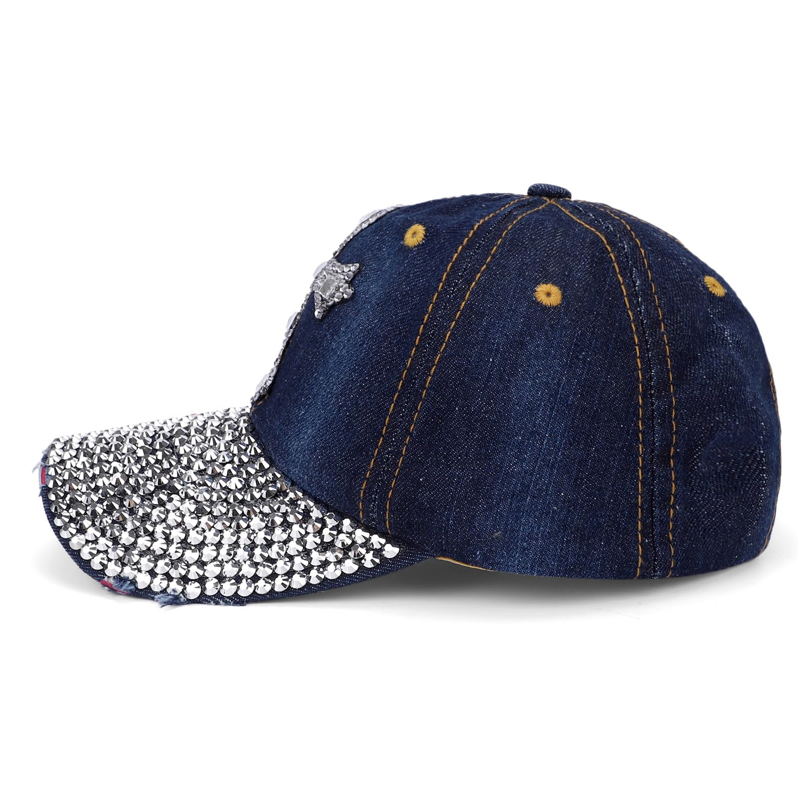 Song Qing Jean Snapback Hat Women Men Bling Cross Rhinestones Denim Baseball Cap Dark Blue