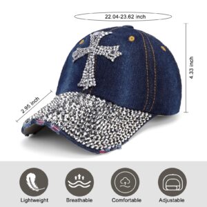 Song Qing Jean Snapback Hat Women Men Bling Cross Rhinestones Denim Baseball Cap Dark Blue