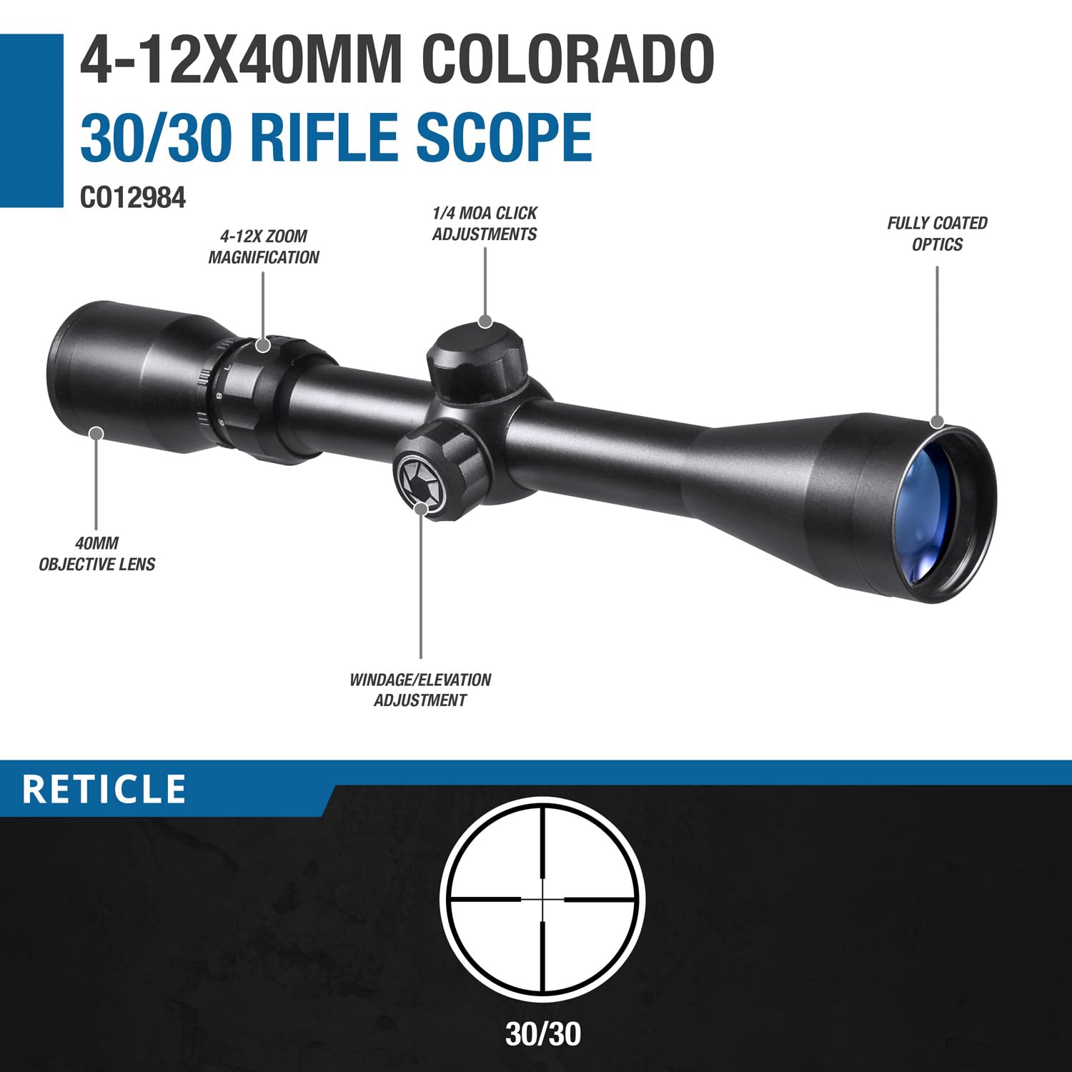 BARSKA CO12984 Colorado 4-12x40 Rifle Scope 30/30 Reticle, Black