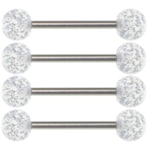 Oasis Plus 4pcs 14G Clear Glitter Surgical Steel Tongue Ring Nipple Barbell 6mm UV Acrylic Ball