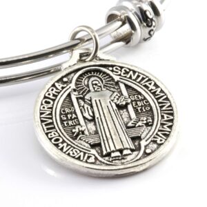 San Benito Bracelet | St Benedict Medals are Great Catholic Gifts or Confirmation Gifts and Medalla de san Benito a Stainless Steel Bangle for Sensitive Skin a Saint Benedict Bracelet for Men or Women