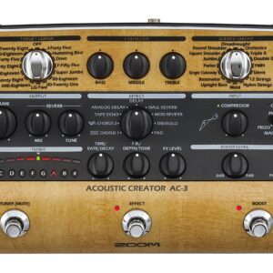 Zoom AC-3 Acoustic Creator, Acoustic DI with Tone Restoration, Acoustic Modeling, 9 effects, Compression, Tuner, Reverb, EQ, and Anti-Feedback