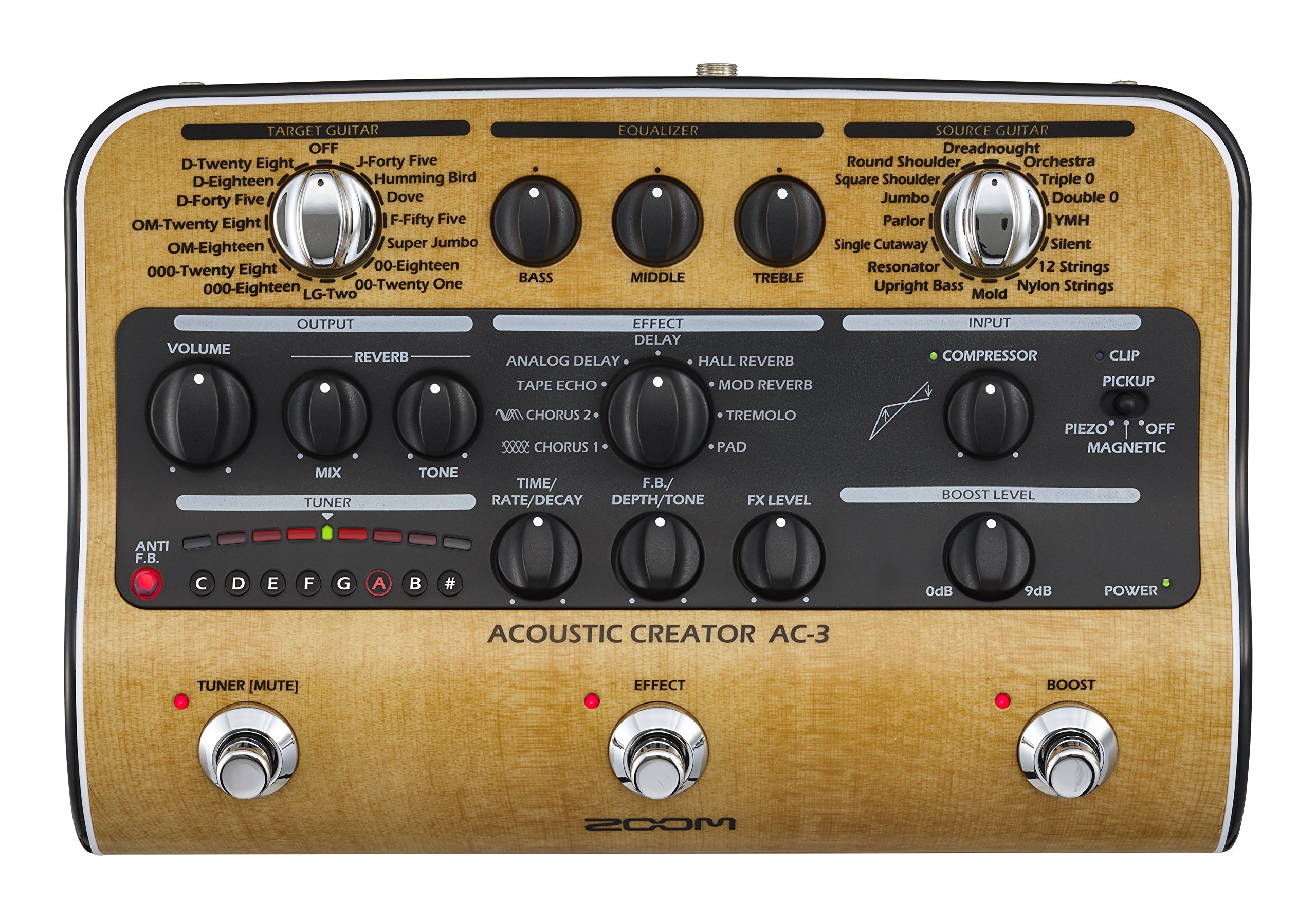 Zoom AC-3 Acoustic Creator, Acoustic DI with Tone Restoration, Acoustic Modeling, 9 effects, Compression, Tuner, Reverb, EQ, and Anti-Feedback