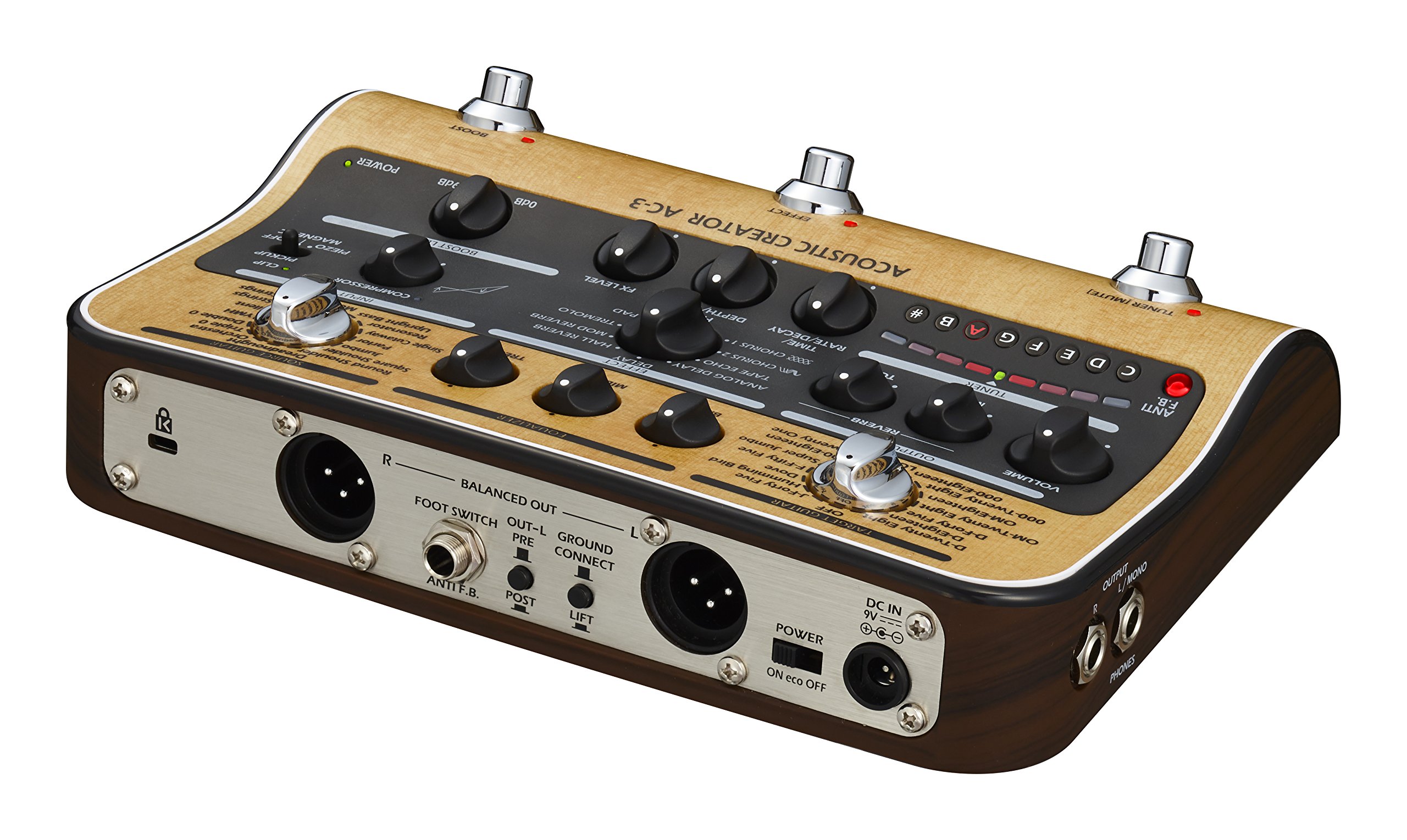 Zoom AC-3 Acoustic Creator, Acoustic DI with Tone Restoration, Acoustic Modeling, 9 effects, Compression, Tuner, Reverb, EQ, and Anti-Feedback