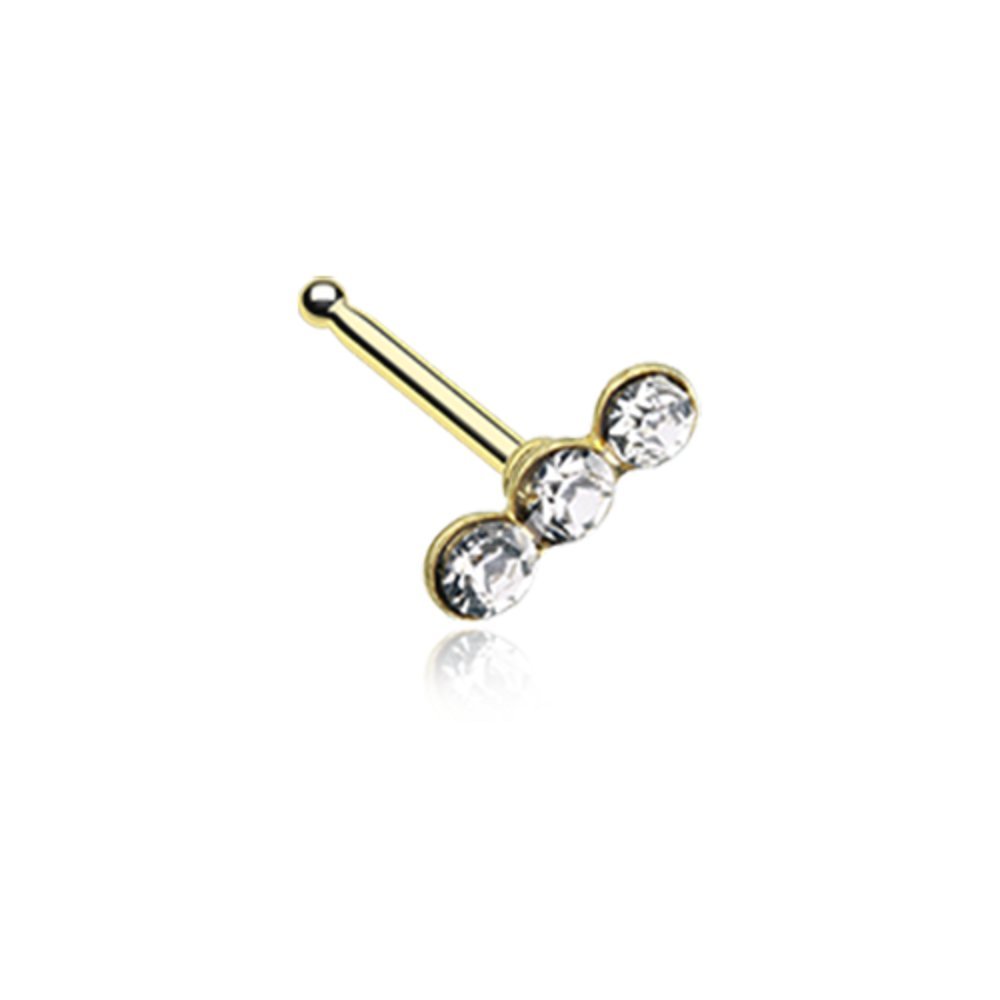 Freedom Fashion Triple Linear Gem 316L Surgical Steel Nose Stud Ring (Sold Individually) (20 GA, 9/32", Gold)