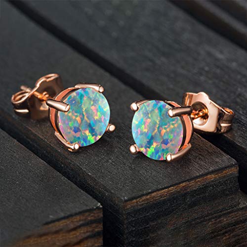 Rose Gold Plated Opal Stud Earrings 8MM Round For Women Men Valentine's Day Gifts