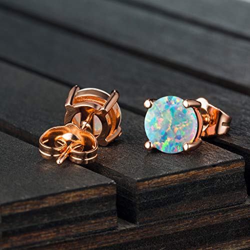 Rose Gold Plated Opal Stud Earrings 8MM Round For Women Men Valentine's Day Gifts