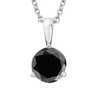 2 Carat 14K White Gold Round Black Diamond 3 Prong Solitaire Pendant Necklace (AAA Quality) W/ 16" Silver Chain