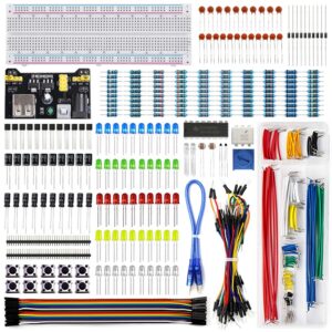 rexqualis electronics component fun kit w/power supply module, jumper wire, 830 tie-points breadboard, precision potentiometer,resistor compatible with arduino, raspberry pi, stm32