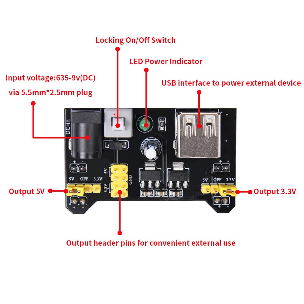 REXQualis Electronics Component Fun Kit w/Power Supply Module, Jumper Wire, 830 tie-Points Breadboard, Precision Potentiometer,Resistor Compatible with Arduino, Raspberry Pi, STM32