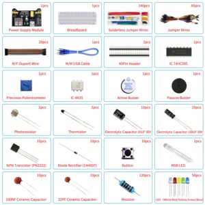 REXQualis Electronics Component Fun Kit w/Power Supply Module, Jumper Wire, 830 tie-Points Breadboard, Precision Potentiometer,Resistor Compatible with Arduino, Raspberry Pi, STM32