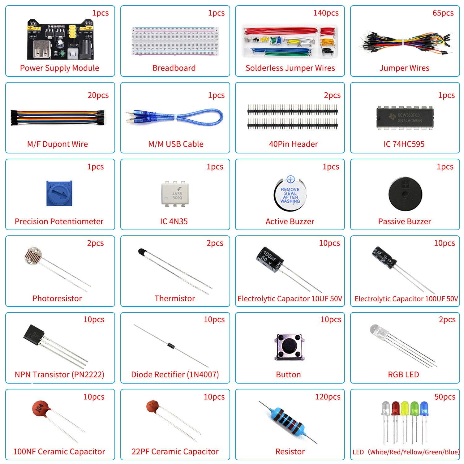 REXQualis Electronics Component Fun Kit w/Power Supply Module, Jumper Wire, 830 tie-Points Breadboard, Precision Potentiometer,Resistor Compatible with Arduino, Raspberry Pi, STM32