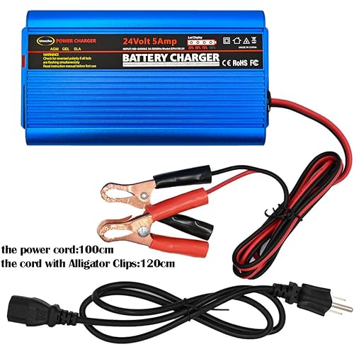 Unocho 24V Battery Charger Automatic Smart Battery Charger Maintainer 5A Trickle Charger with Alligator Clips for Charging AGM Gel Lead-Acid Batteries