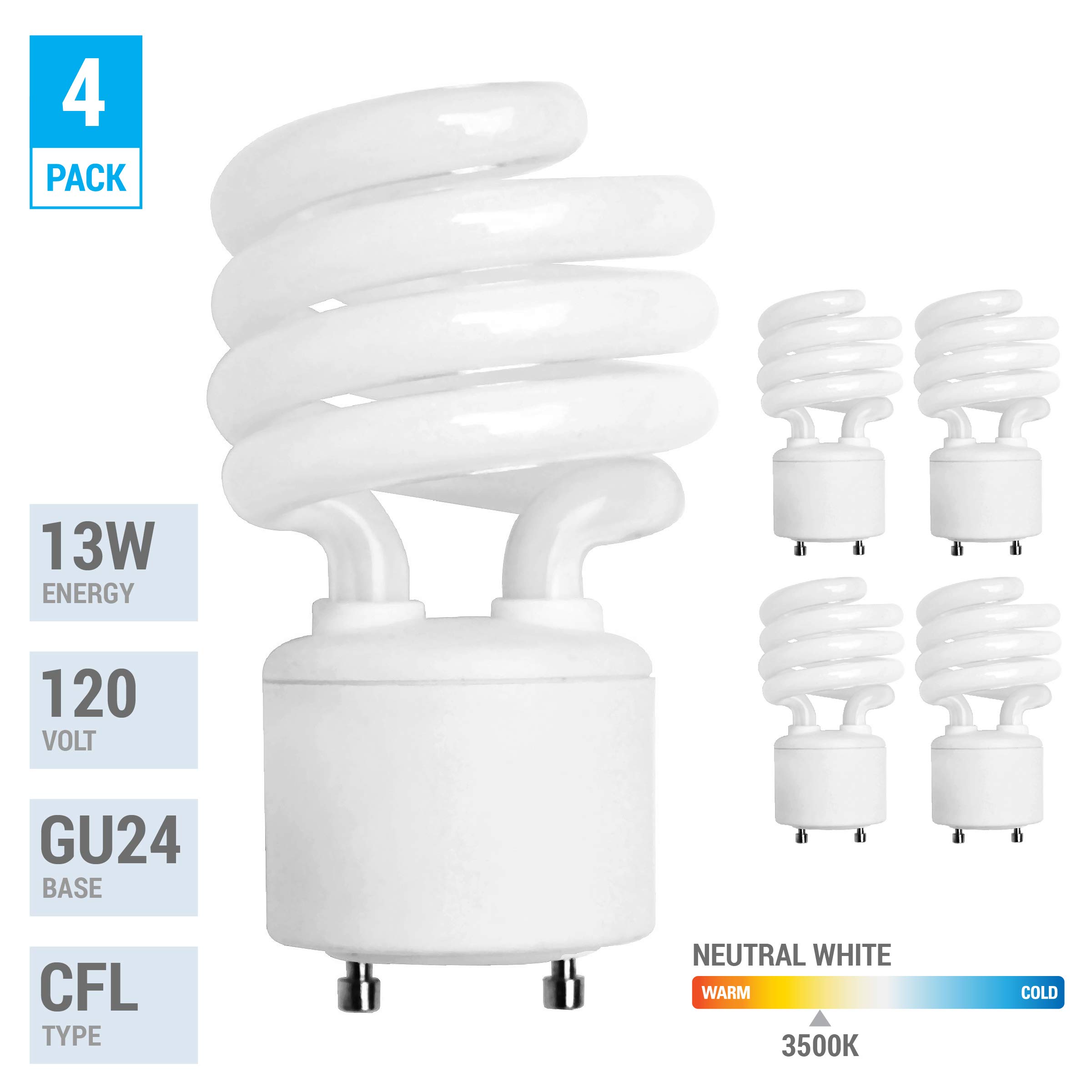 KOR Pack of 4 – 13 Watt Mini Spiral – GU24 Twist and Lock Base. Self-Ballasted CFL, 2pin Fluorescent Bulb, Neutral White 3500K (60 Watt Equivalent)