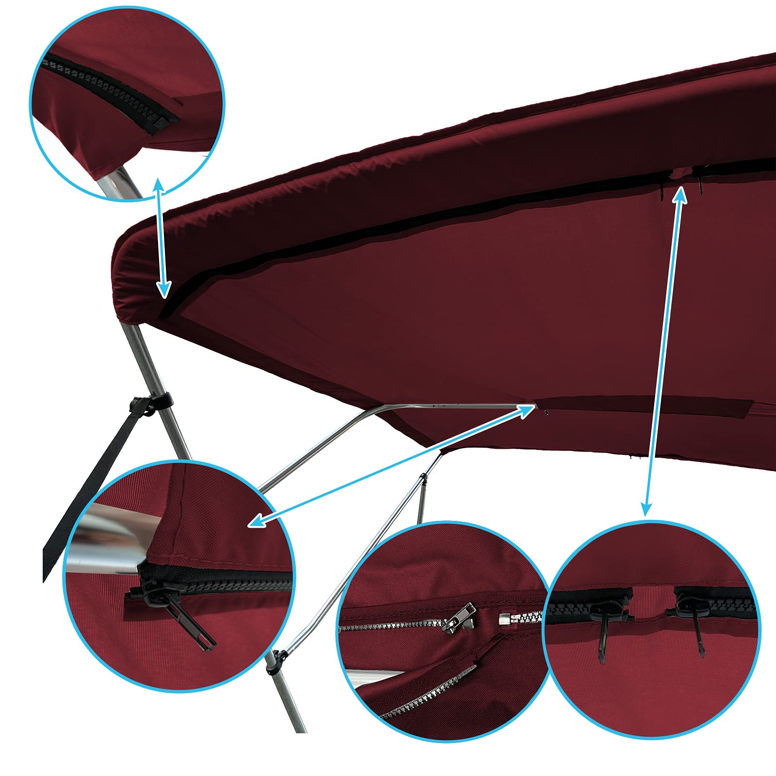 SavvyCraft 4 Bow Bimini Top Boat Cover Burgundy 4 Bow 96" L 54" H 97"- 103" W W/Boot & Rear Poles