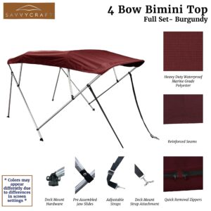 SavvyCraft 4 Bow Bimini Top Boat Cover Burgundy 4 Bow 96" L 54" H 97"- 103" W W/Boot & Rear Poles