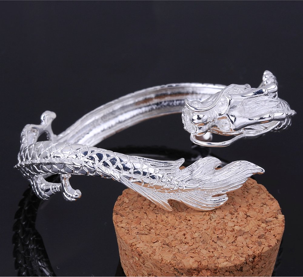 Goldenchen Fashion 925 Sterling Silver Antique Chinese Dragon Chic Lady Gentleman Bangle Bracelet