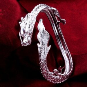 Goldenchen Fashion 925 Sterling Silver Antique Chinese Dragon Chic Lady Gentleman Bangle Bracelet