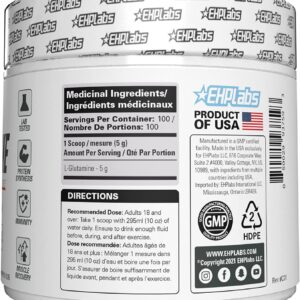 EHP Labs L Glutamine Powder Amino Acids - L-Glutamine, Workout Recovery, Immune Health & Gut Health Support (500g) - 100 Servings