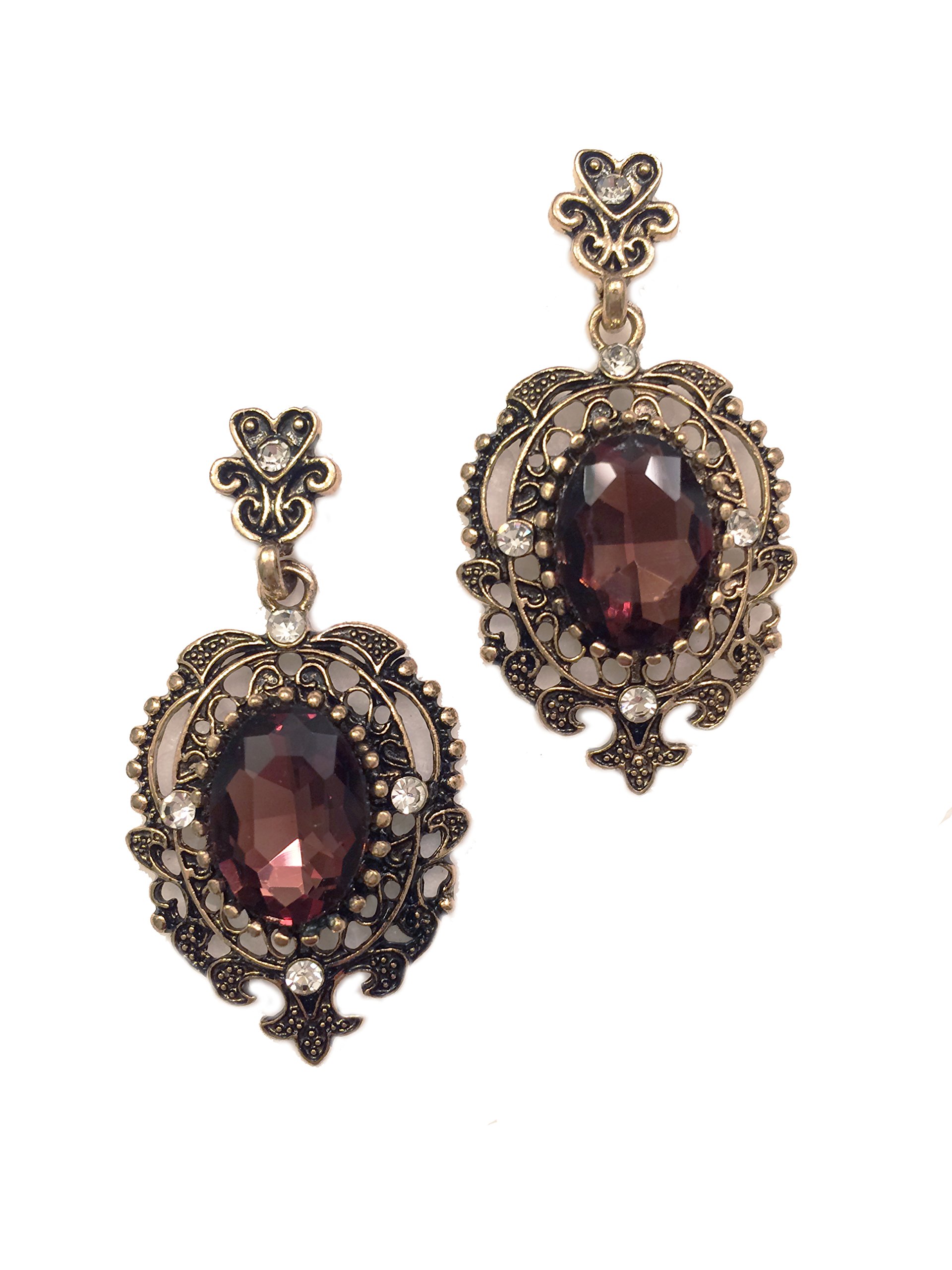 Gold Tone Victorian Art Deco Antique Vintage Retro Style Raisin Wine Purple Brown Smoky Topaz Rhinestone Dangle Earrings