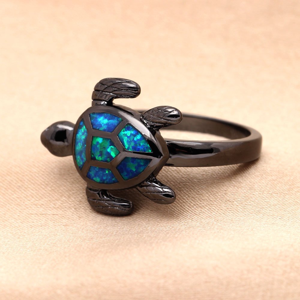 Ginger Lyne Collection Turtle Black Plated Simulated Opal Ring Size 8