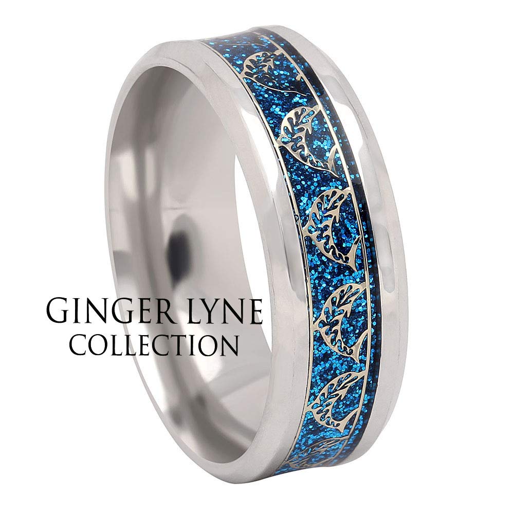 Ginger Lyne Collection Dolphins Stainless Steel Comfort Fit Wedding Band All Ocassion Ring Gold Color Inlay on Blue Background Ocean wave Beach Lovers Rings Men Women