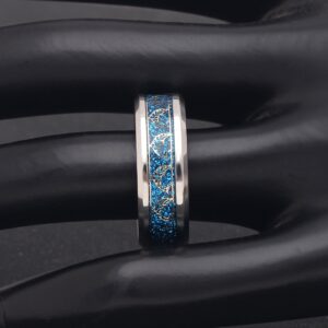 Ginger Lyne Collection Dolphins Stainless Steel Comfort Fit Wedding Band All Ocassion Ring Gold Color Inlay on Blue Background Ocean wave Beach Lovers Rings Men Women