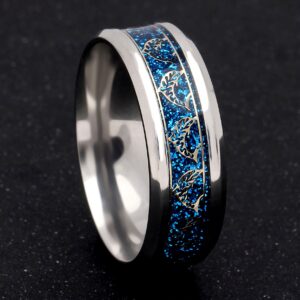 Ginger Lyne Collection Dolphins Stainless Steel Comfort Fit Wedding Band All Ocassion Ring Gold Color Inlay on Blue Background Ocean wave Beach Lovers Rings Men Women