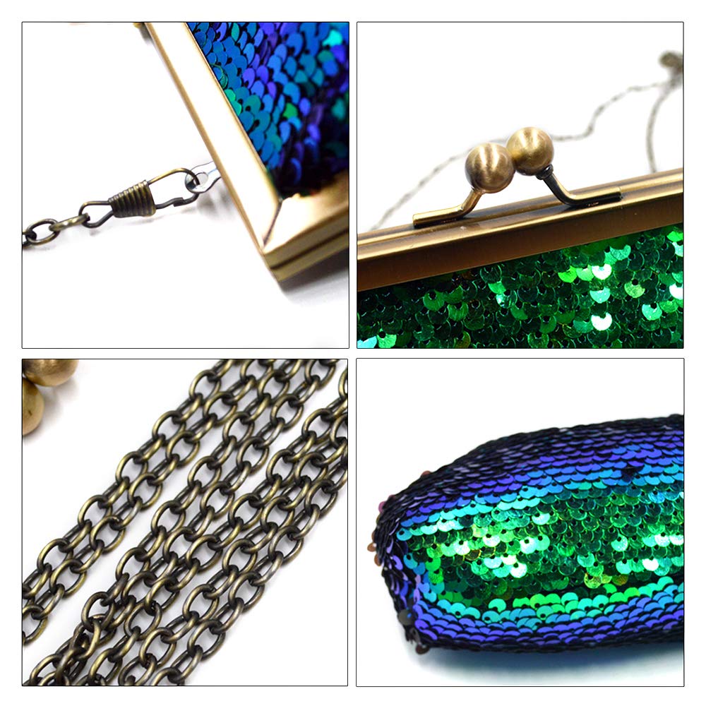 Women Mini Glitter Mermaid Sequin Evening Clutch Handbag Chain Strap Cross-body Bag Kissing Lock