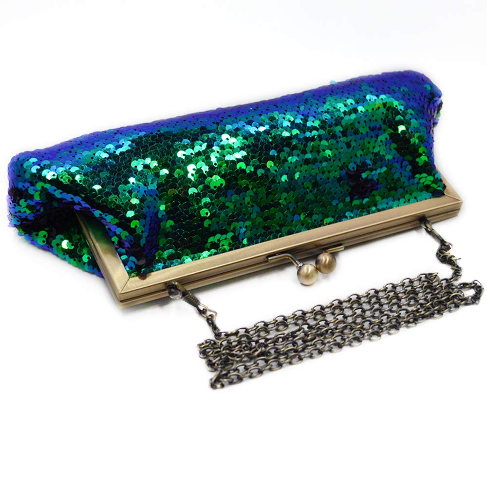 Women Mini Glitter Mermaid Sequin Evening Clutch Handbag Chain Strap Cross-body Bag Kissing Lock