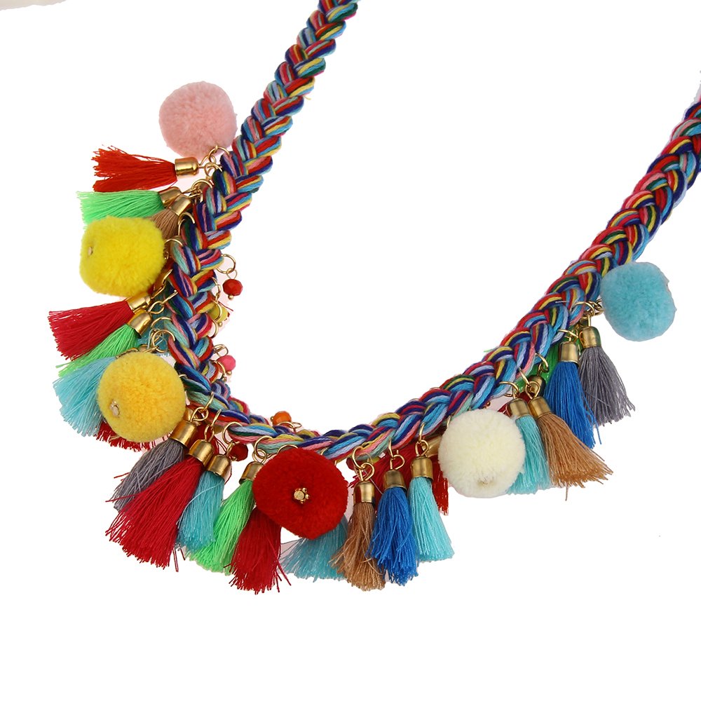 LUREME Bohemian Handmade Colorful Braided with Pom Pom and Tassels Statement Necklace Collar (nl005628)