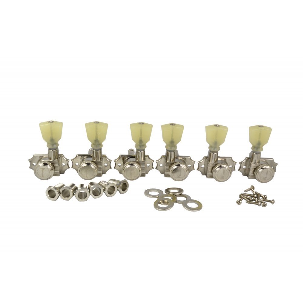 Kluson Revolution Diecast Tuners - 3 Per Side - Pearloid Keystone Button, Locking Nickel