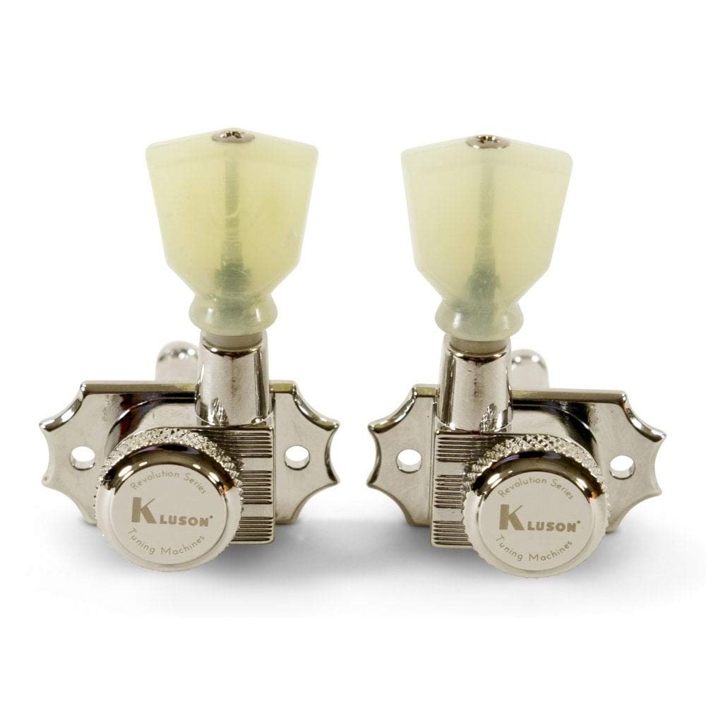 Kluson Revolution Diecast Tuners - 3 Per Side - Pearloid Keystone Button, Locking Nickel