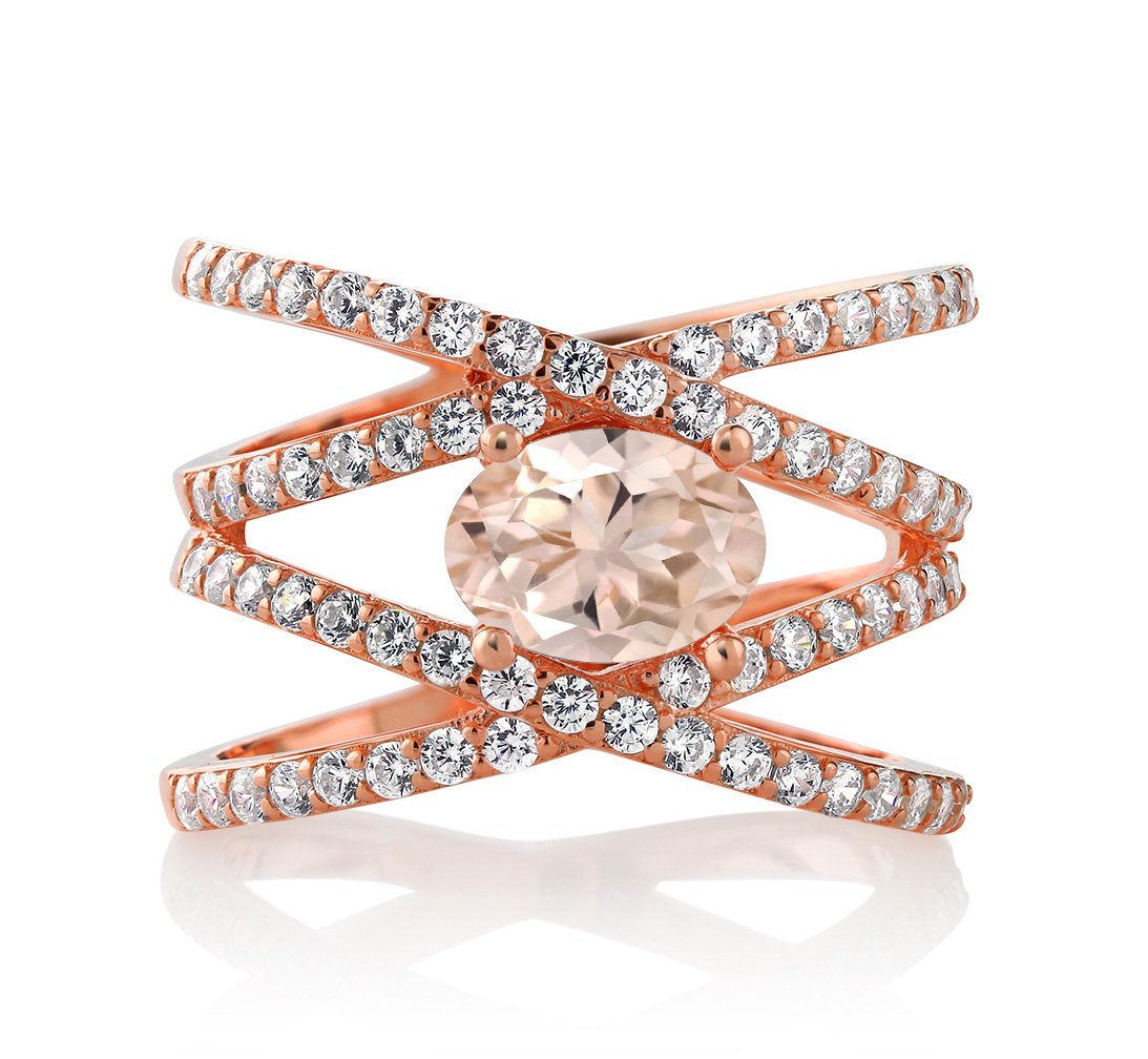 Gem Stone King 18K Rose Gold Plated Silver Peach Morganite Criss Cross Ring For Women (1.93 Cttw, Oval 8X6MM, Available in size 5, 6, 7, 8, 9)