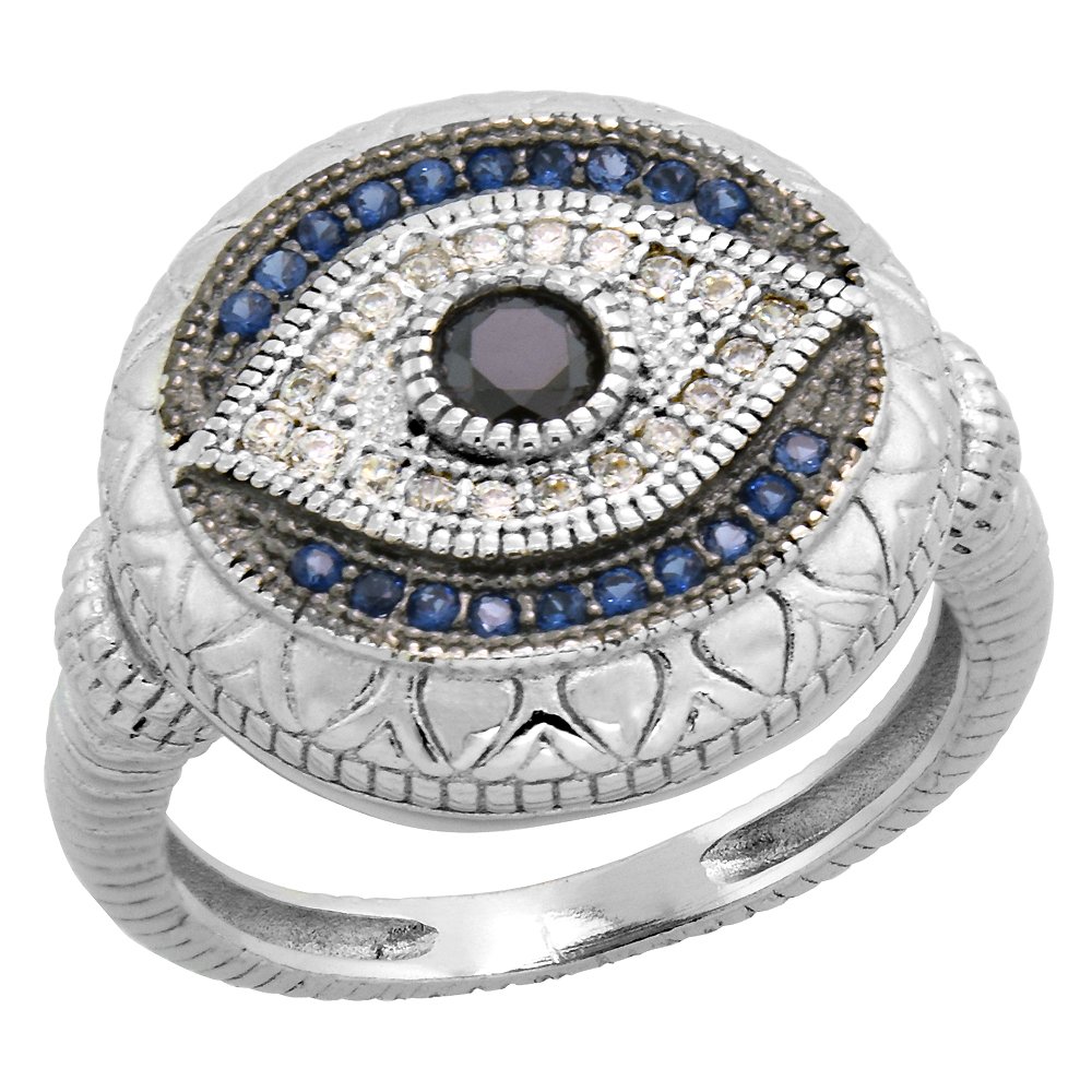 Art Deco Style Sterling Silver Evil Eye Ring w/Synthetic Blue Sapphires & CZ stones 5/8 inch, size 7