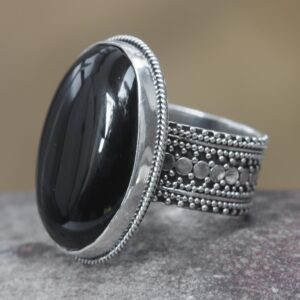 NOVICA Artisan Handmade Onyx Cocktail Ring Indonesian Silver Sterling Black White Modern Birthstone Balinese Traditional 'Oracle'