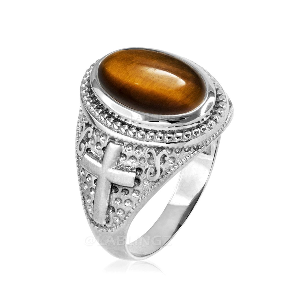 Sterling Silver Tiger Eye Gemstone Cross Ring (7.5)