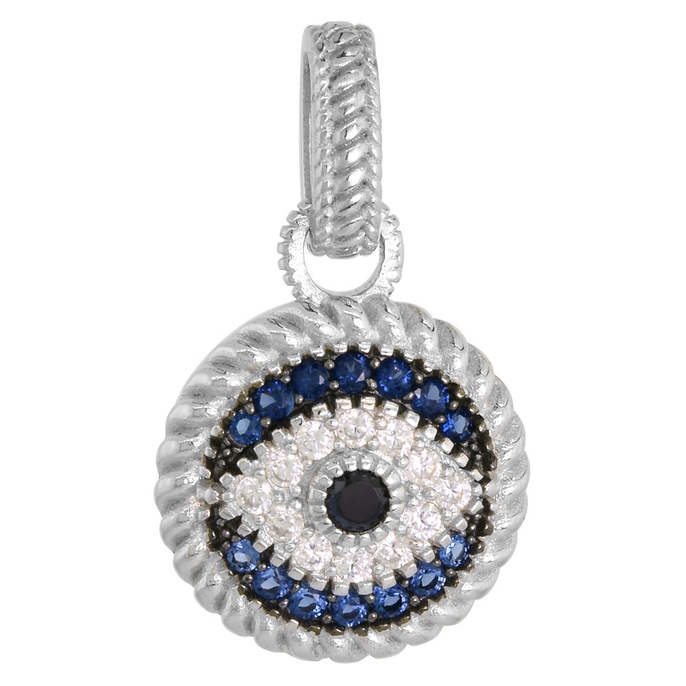 15mm Sterling Silver Evil Eye Pendant Micro Pave Synthetic Blue Sapphire & CZ NO CHAIN