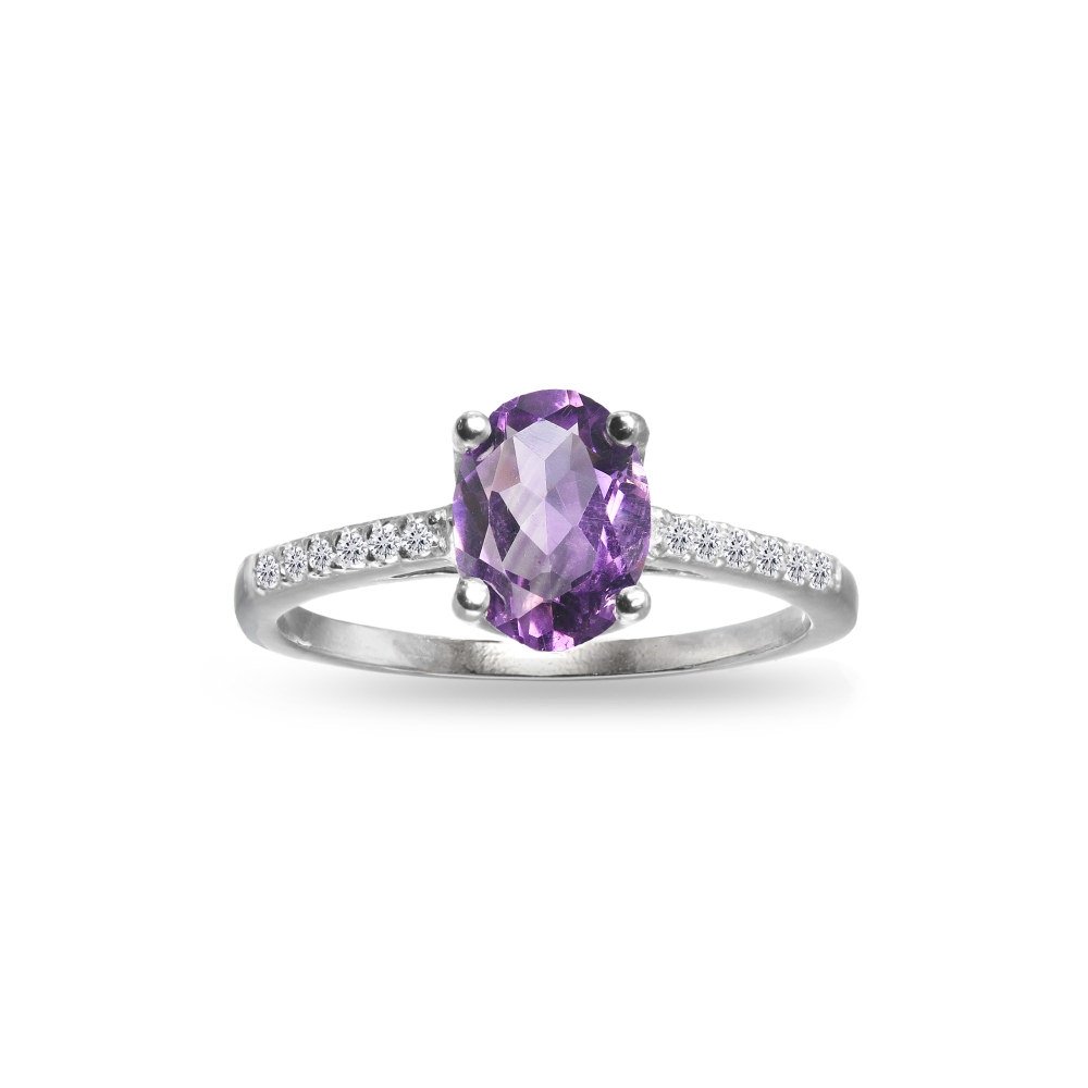 GemStar USA Sterling Silver Amethyst and White Topaz Oval Crown Ring, Size 10