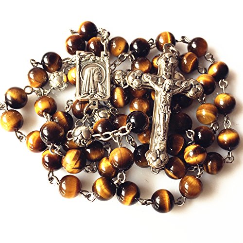 elegantmedical CATHOLIC Tiger Eye & Silver Rose Beads ROSARY CROSS crucifix necklace