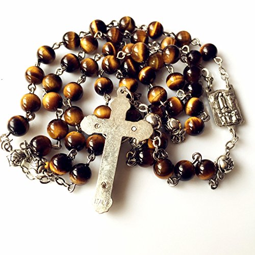 elegantmedical CATHOLIC Tiger Eye & Silver Rose Beads ROSARY CROSS crucifix necklace