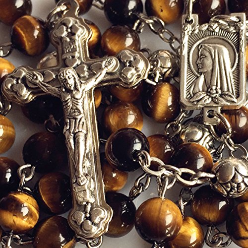 elegantmedical CATHOLIC Tiger Eye & Silver Rose Beads ROSARY CROSS crucifix necklace