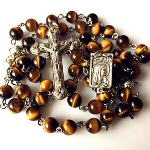 elegantmedical CATHOLIC Tiger Eye & Silver Rose Beads ROSARY CROSS crucifix necklace