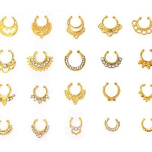 Honbay 20pcs Fake Septum Clicker Nose Ring Rhinestone Non Piercing Hanger Clip Body Jewelry (Gold)