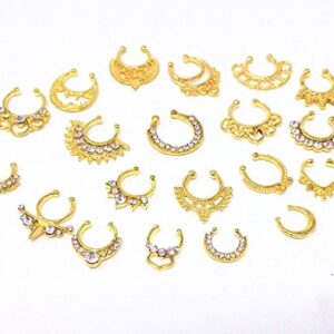 Honbay 20pcs Fake Septum Clicker Nose Ring Rhinestone Non Piercing Hanger Clip Body Jewelry (Gold)