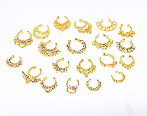 Honbay 20pcs Fake Septum Clicker Nose Ring Rhinestone Non Piercing Hanger Clip Body Jewelry (Gold)