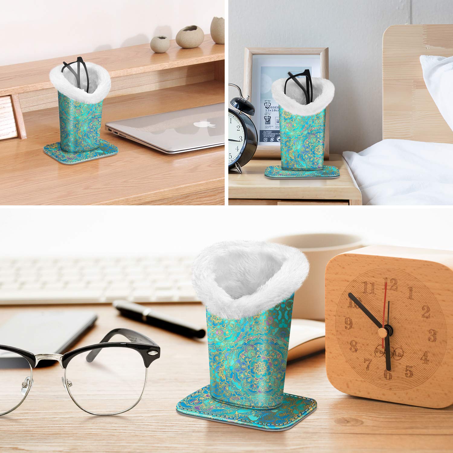 Fintie Plush Lined Eyeglasses Holder with Magnetic Base- Premium Vegan Leather Glasses Stand Case, Shades of Blue