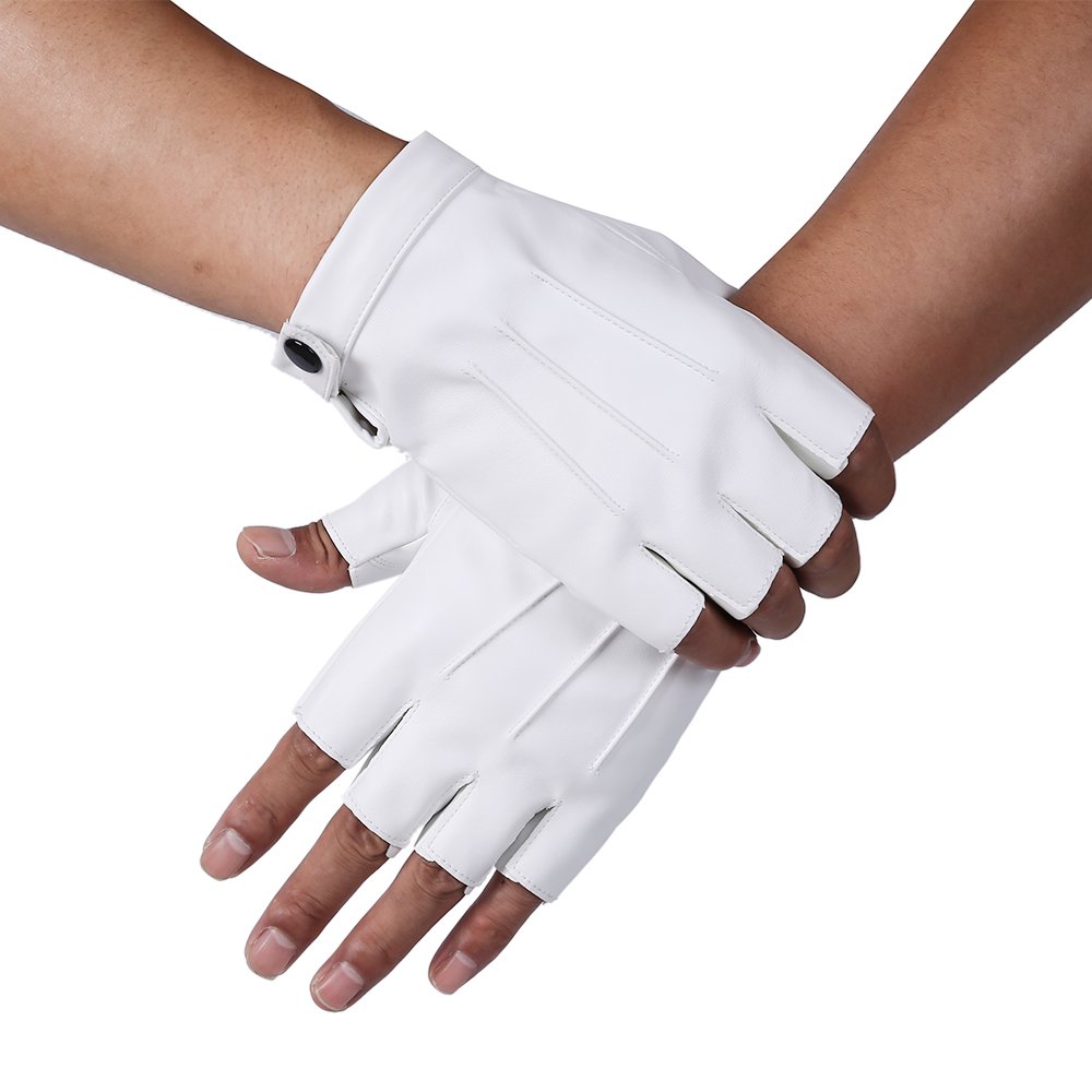 JISEN Men PU Leather Punk Half Finger Snap Performance Gloves White