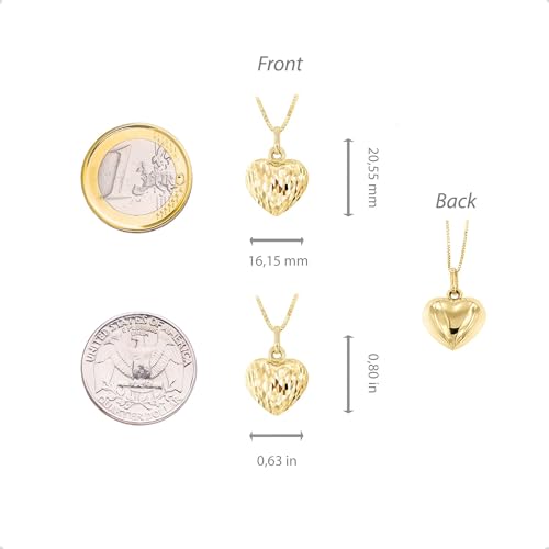 Lucchetta - Women's 14k Gold Puffed 3D Heart Pendant | Necklace 16+2" | Italian Jewelry from Italy